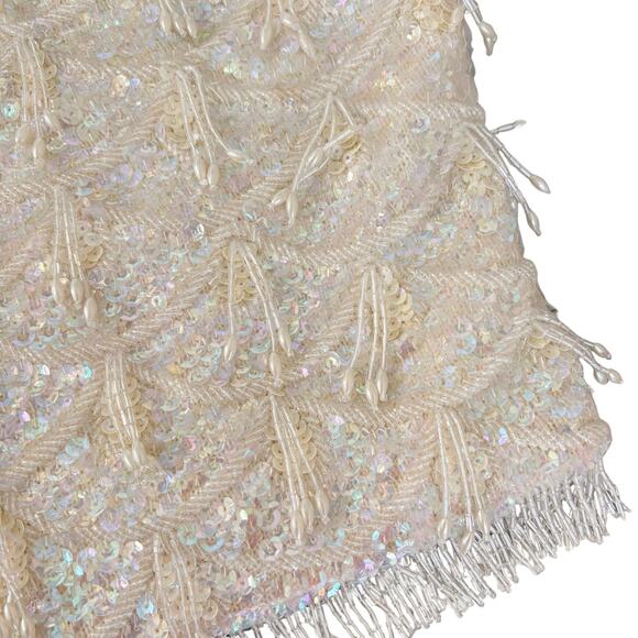 Vintage 60s Beaded Sequin Wool Top Flapper Fringe Holiday Party Cocktail Cream M - Picture 2 of 5